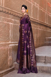 Plum Pure Tussar Georgette Silk Kadhua Banarasi Handloom Saree